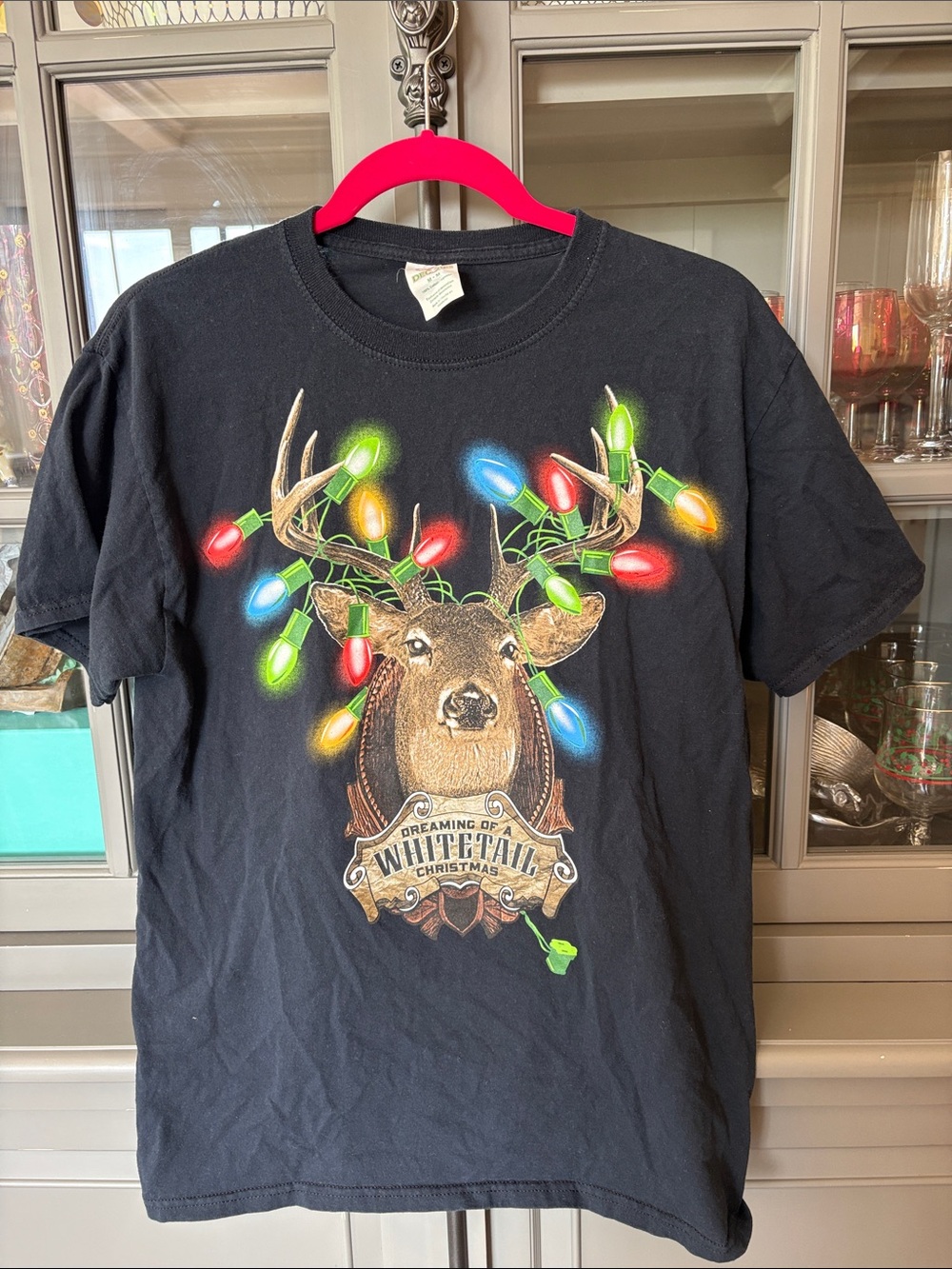 Black Holiday Deer Graphic Tee with Colorful Lights